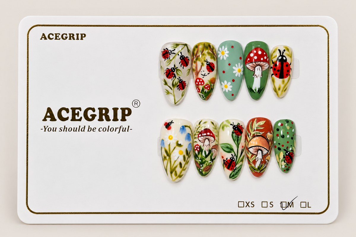 ACEGRIP Cream Mushroom Ladybug, style CL1216, complete 10-nail set on its presentation card