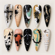 ACEGRIP Ivory Cross Letterplay press-on nails in white, peach nude, black, and mint green, with cross motifs, style CL1220