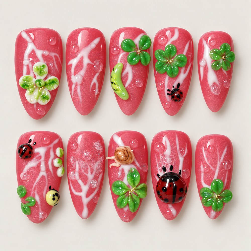 Rose Clover - Pink Clover & Leaf Press-On Nails