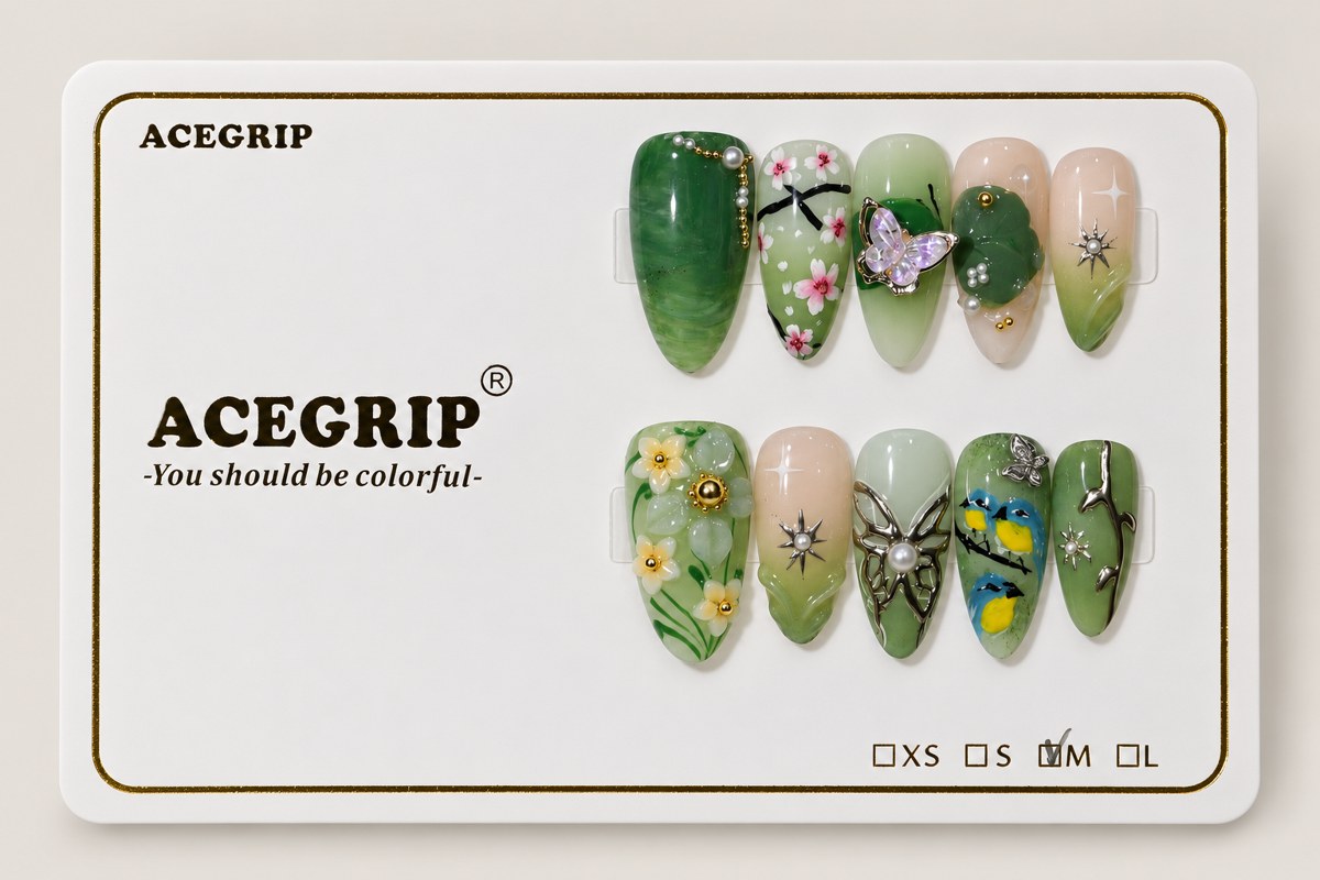 ACEGRIP Jade Petals, style CL1223, complete 10-nail set on its presentation card