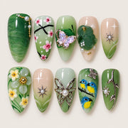 ACEGRIP Jade Petals press-on nails in green, peach nude, yellow, and white, with floral accents, style CL1223
