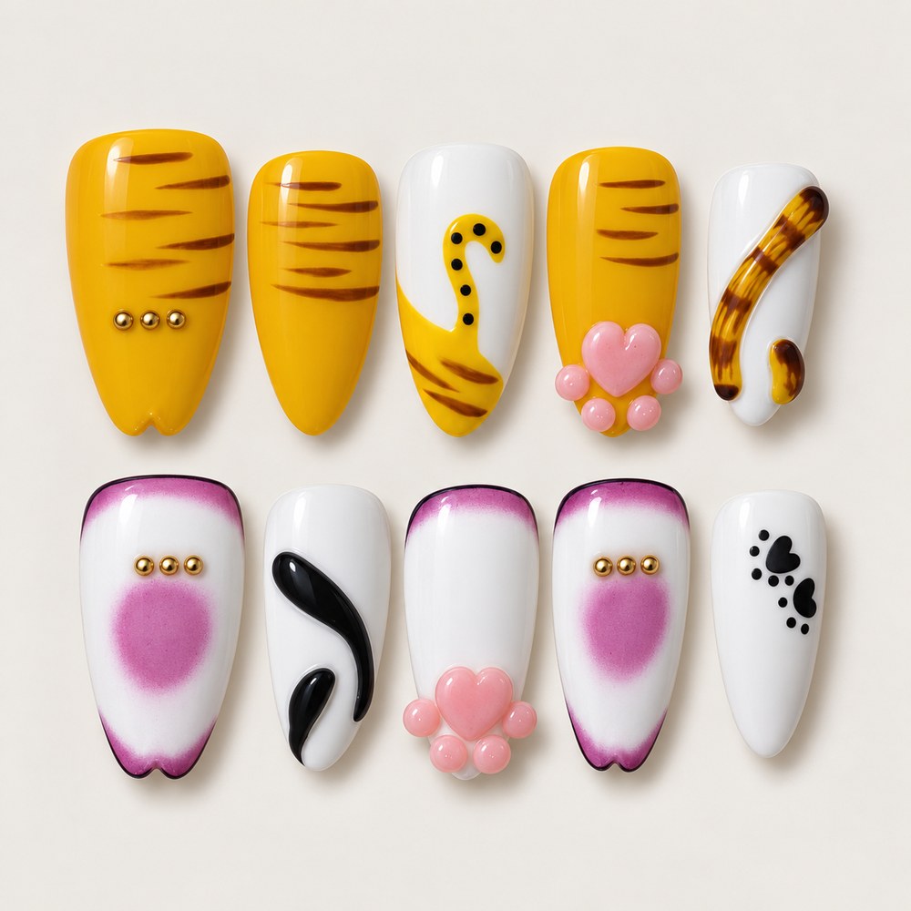 Lemon Companions - Yellow Animal & Striped Press-On Nails