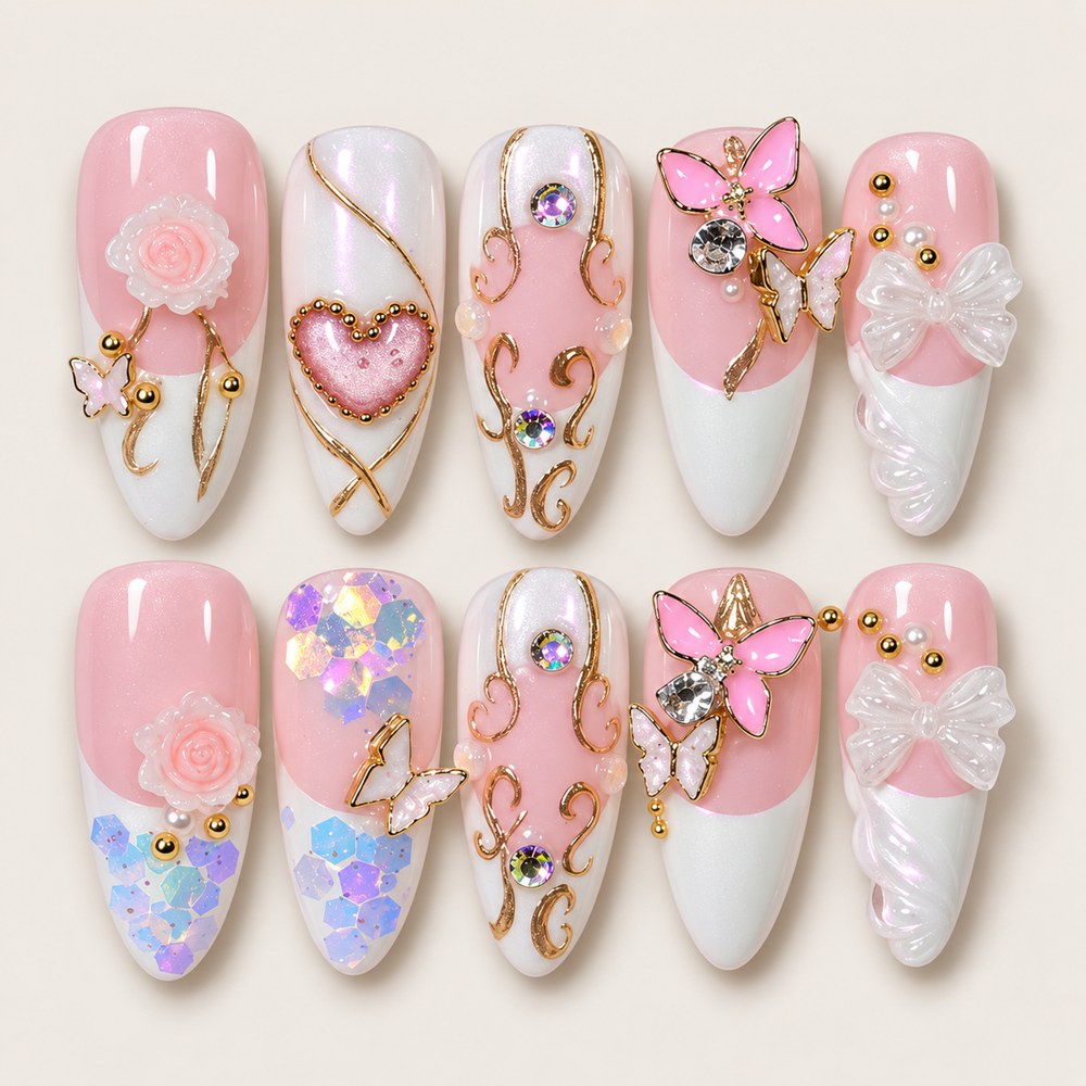 ACEGRIP Rose Heart Petals press-on nails in pink, white, and gold tones, with heart motifs, style CL1230