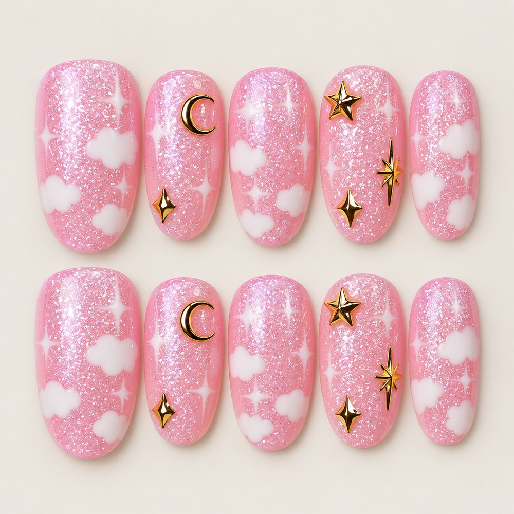 ACEGRIP Rose Clouds press-on nails in pink, white, and gold tones, with cloud motifs, style CL1232