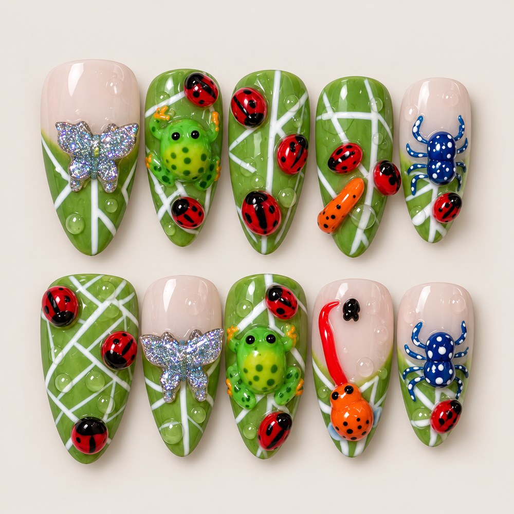 Jade Ladybug Insect Garden - Green Ladybug & Insect Press-On Nails