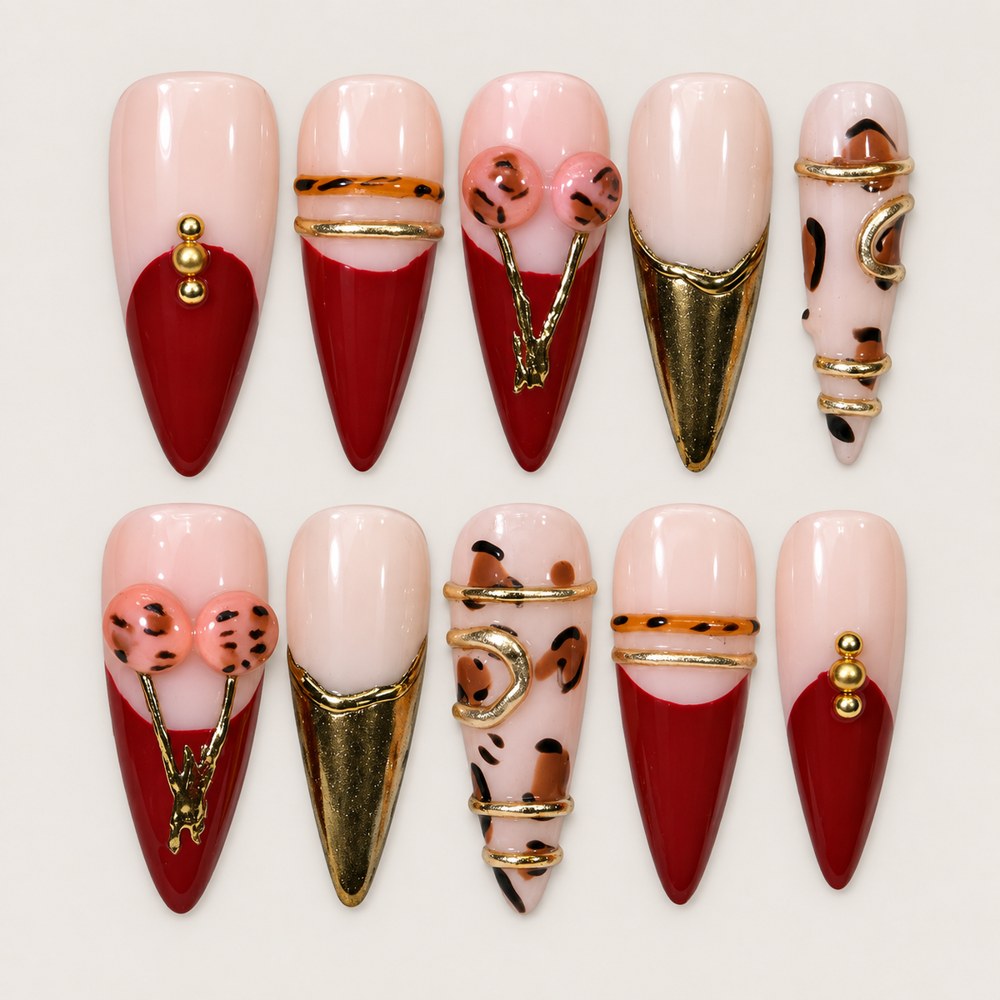ACEGRIP Blush French Expressions press-on nails in peach nude, red, and gold tones, with French-tip color blocking, style DC6001