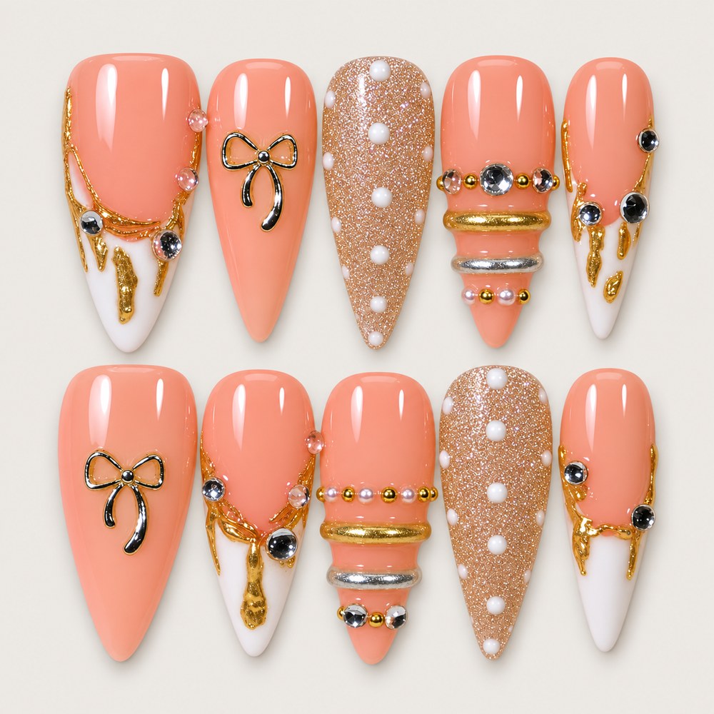 ACEGRIP Rose Bow Loops press-on nails in pink, peach nude, white, and gold tones, with bow accents, style DC6002
