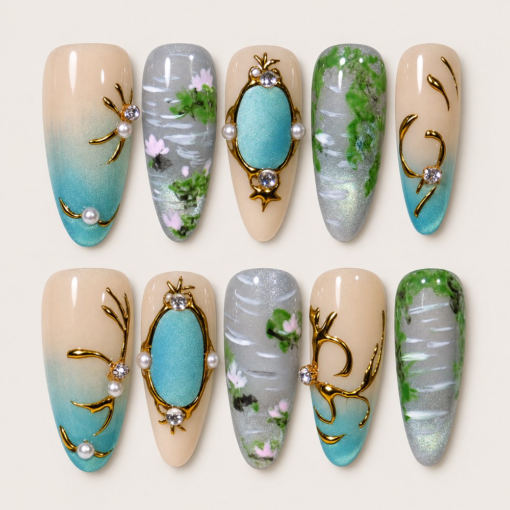 ACEGRIP Blush Leaves press-on nails in peach nude, mint green, grey, and gold tones, with leaf motifs, style DC6003