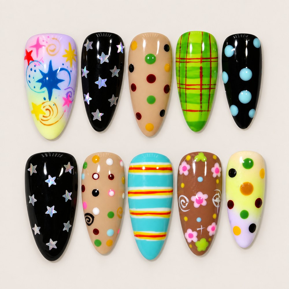 Onyx Starlight - Black Star & Polka Dot Press-On Nails