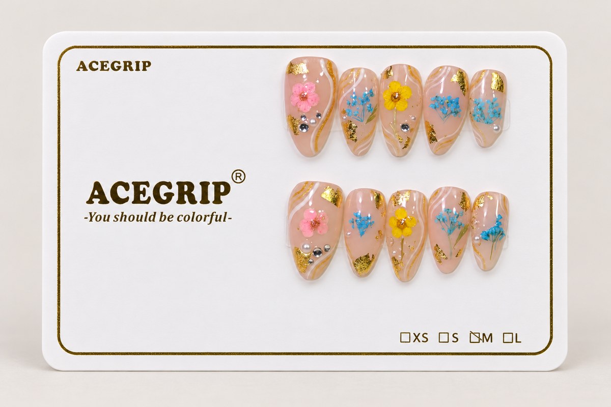 ACEGRIP Blush Petal Linework, style DC6011, complete 10-nail set on its presentation card