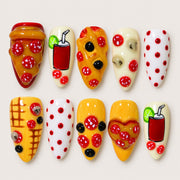 ACEGRIP Scarlet Pizza press-on nails in red, yellow, and cream, with pizza-shaped accents, style DC6015