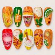 ACEGRIP Clementine Diner press-on nails in orange, green, red, and cream, with miniature food accents, style DC6016