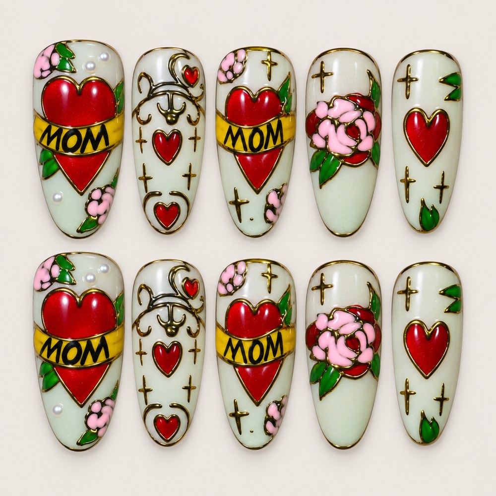 ACEGRIP Cream Hearts press-on nails in cream, red, pink, and green, with heart motifs, style DC6017
