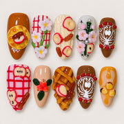 ACEGRIP Cocoa Candy press-on nails in brown, red, peach nude, and cream, with dessert and candy accents, style DC6018