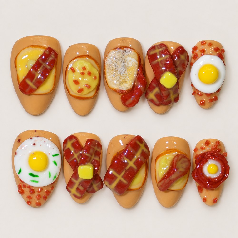 ACEGRIP Cocoa Breakfast press-on nails in brown, cream, and yellow, with miniature breakfast accents, style DC6020