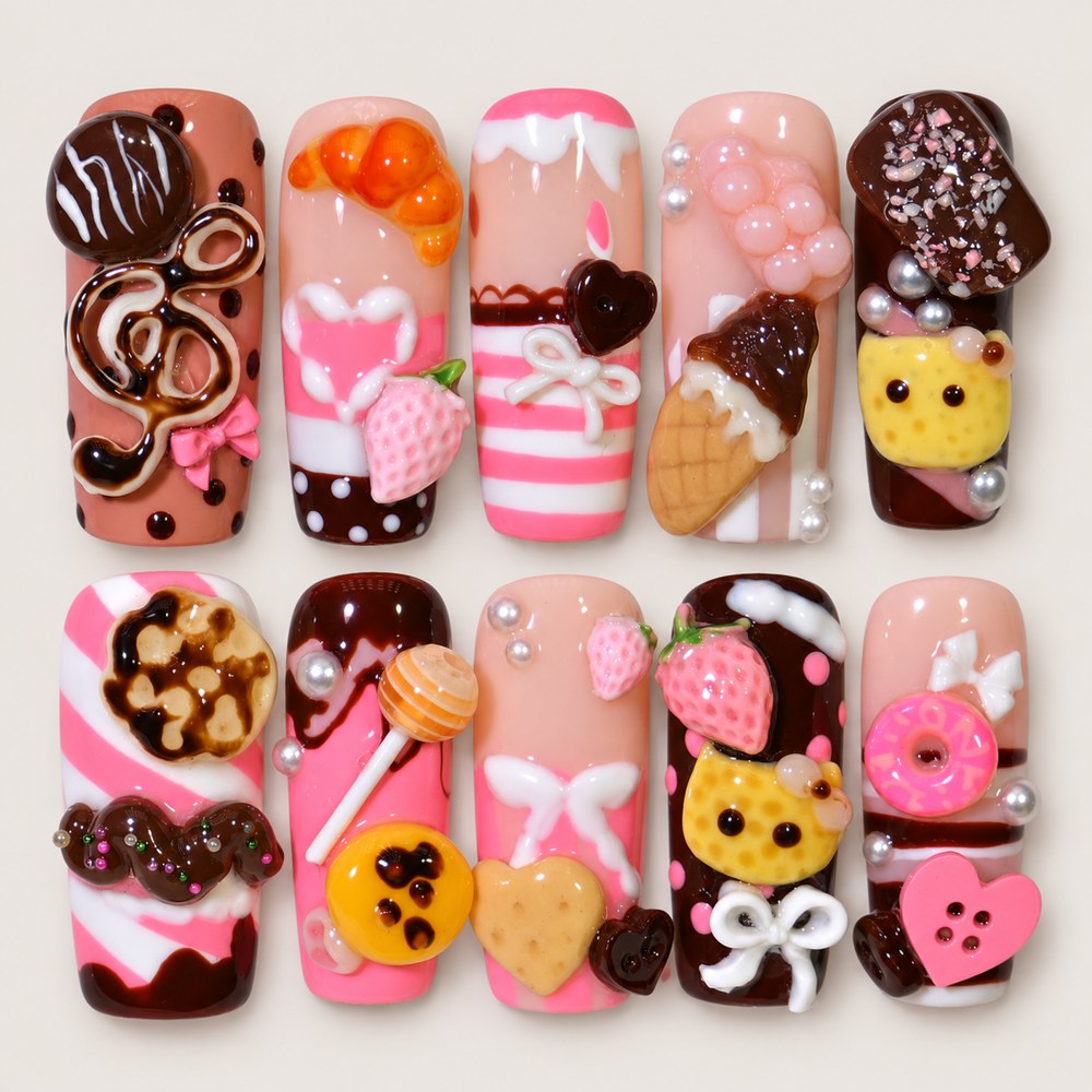 ACEGRIP Rose Candy Bow press-on nails in pink, brown, white, and cream, with dessert and candy accents, style DC6029