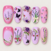 ACEGRIP Rose Petal Lavender press-on nails in pink, purple, and green, with floral accents, style DC6031