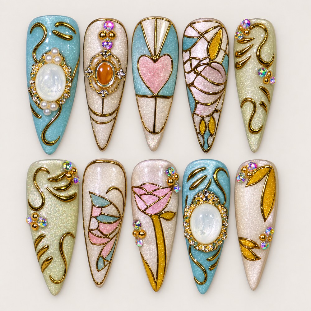 ACEGRIP Mint Cameo press-on nails in mint green, cream, pink, and gold tones, with ornamental frames, style DC6032