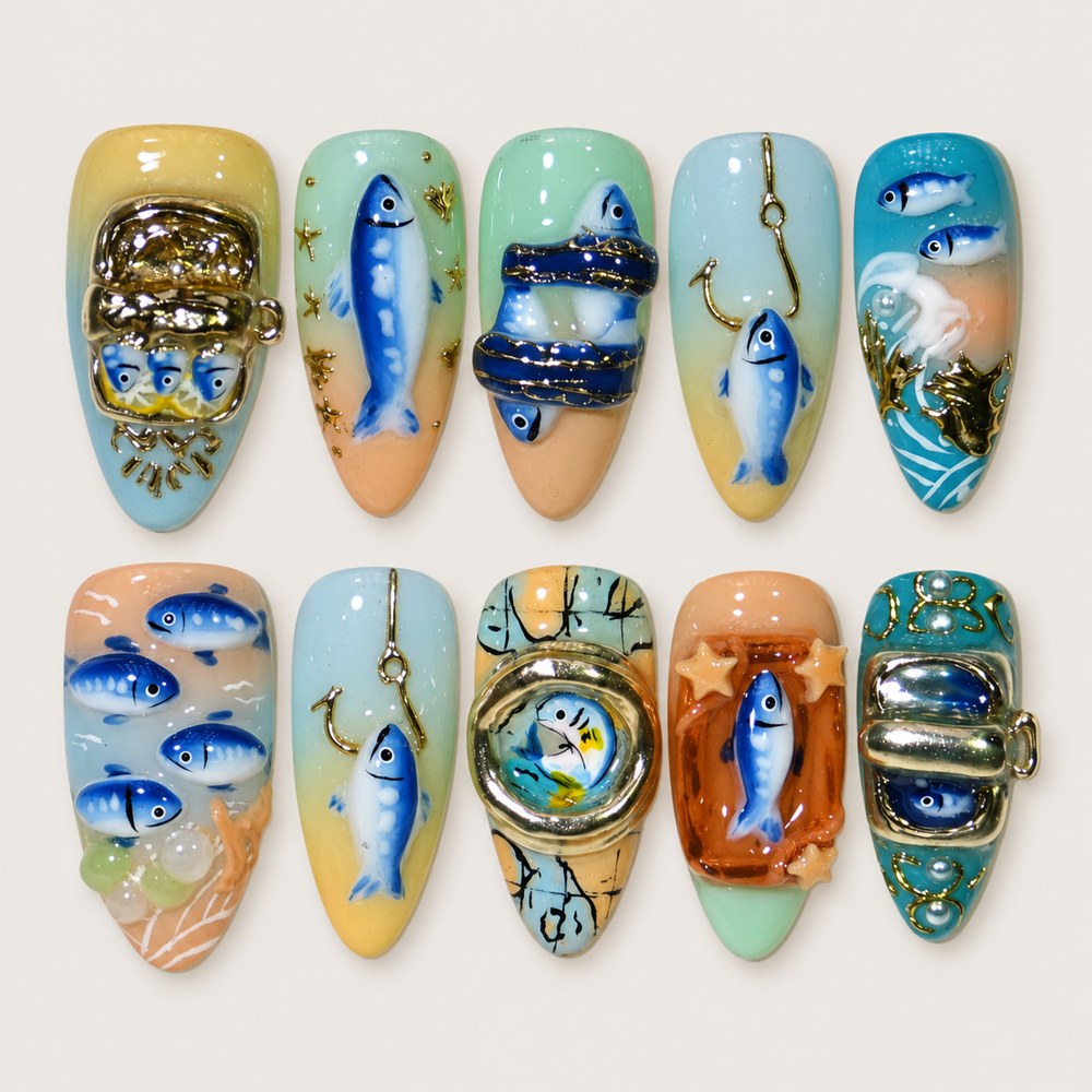 ACEGRIP Lemon Fish Tales press-on nails in yellow, blue, peach nude, and turquoise, with fish motifs, style DC6033