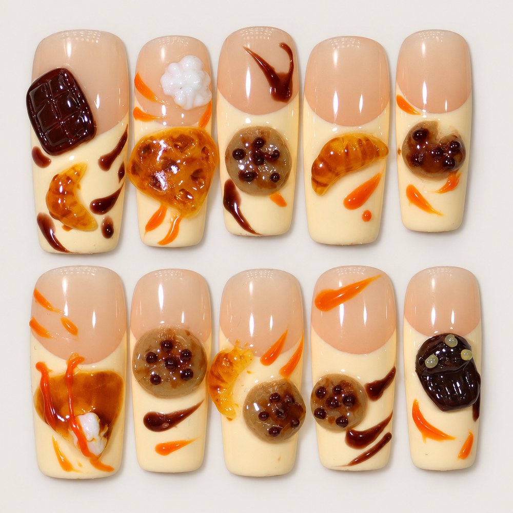ACEGRIP Blush Patisserie press-on nails in peach nude, cream, brown, and orange, with pastry-shaped accents, style DC6035