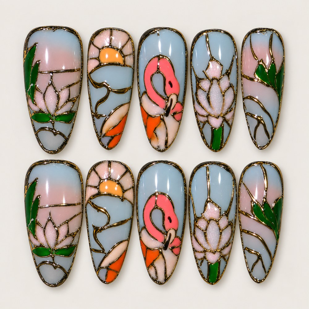 ACEGRIP Azure Flamingo press-on nails in blue, pink, green, and gold tones, with flamingo motifs, style DC6036