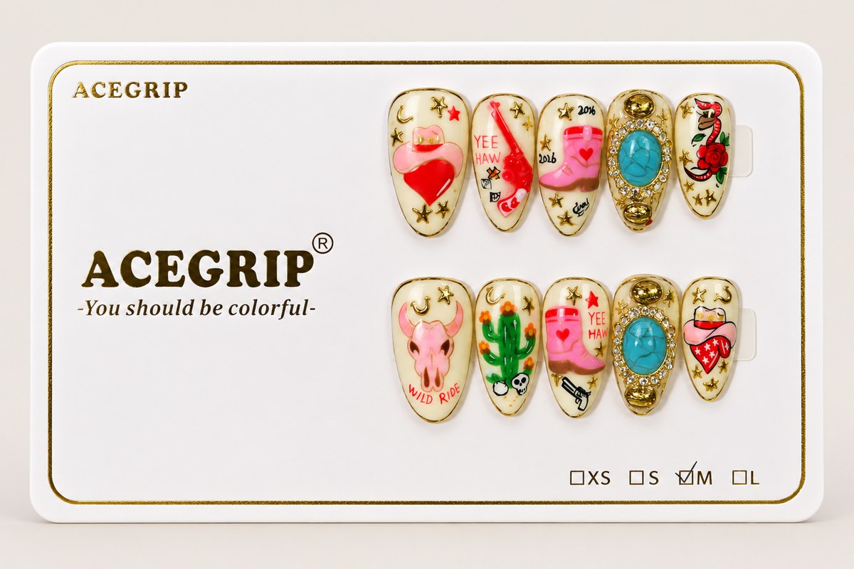 ACEGRIP Cream Western, style DC6039, complete 10-nail set on its presentation card