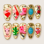 ACEGRIP Cream Western press-on nails in cream, pink, green, and gold tones, with western-inspired motifs, style DC6039