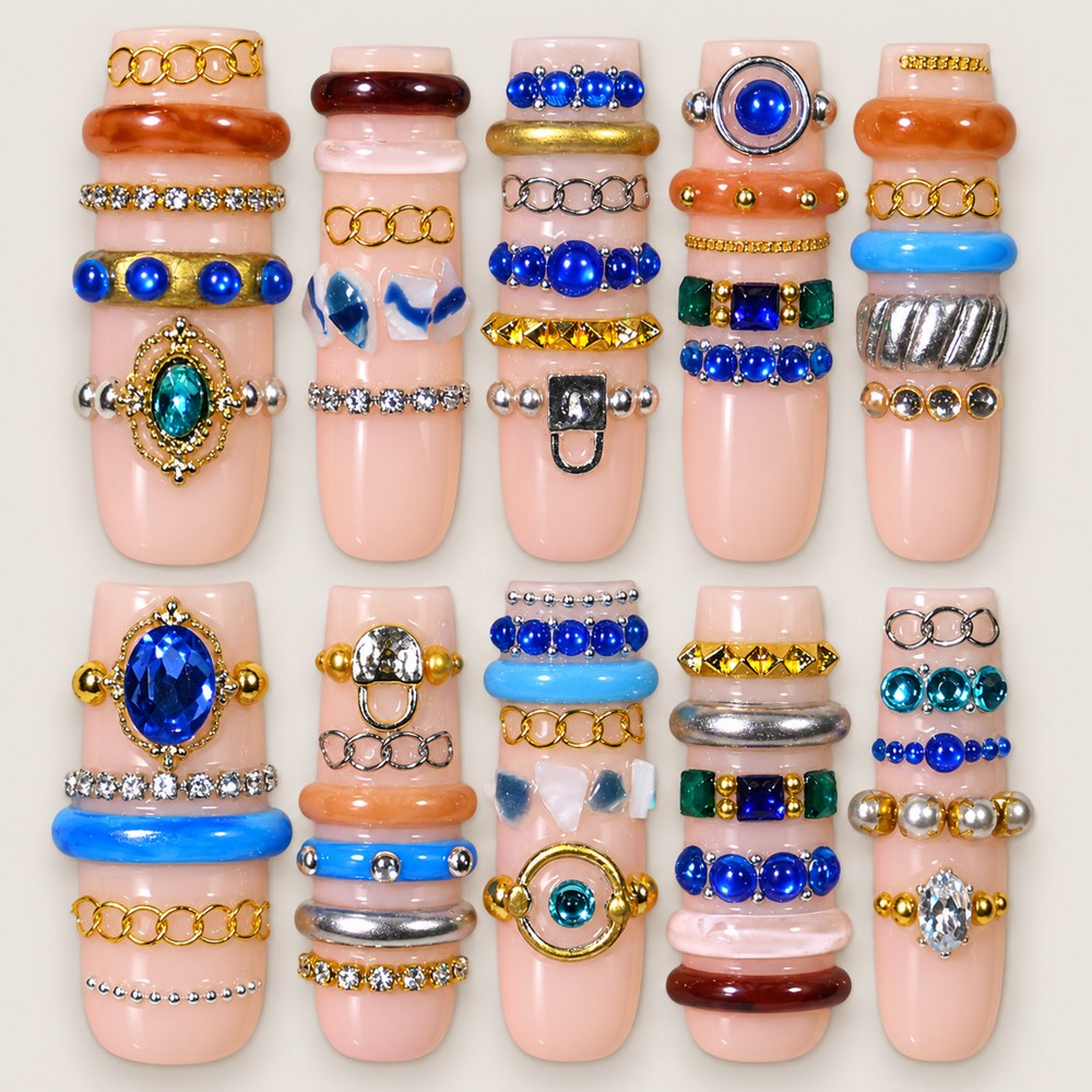 ACEGRIP Blush Beaded Rings press-on nails in peach nude, blue, brown, and gold tones, with small bead accents, style DC6040