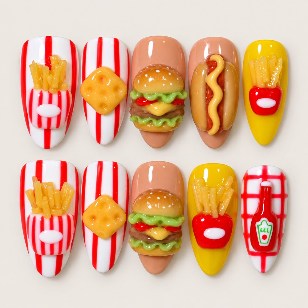 ACEGRIP Scarlet Diner Stripes press-on nails in red, white, peach nude, and yellow, with miniature food accents, style DC6042