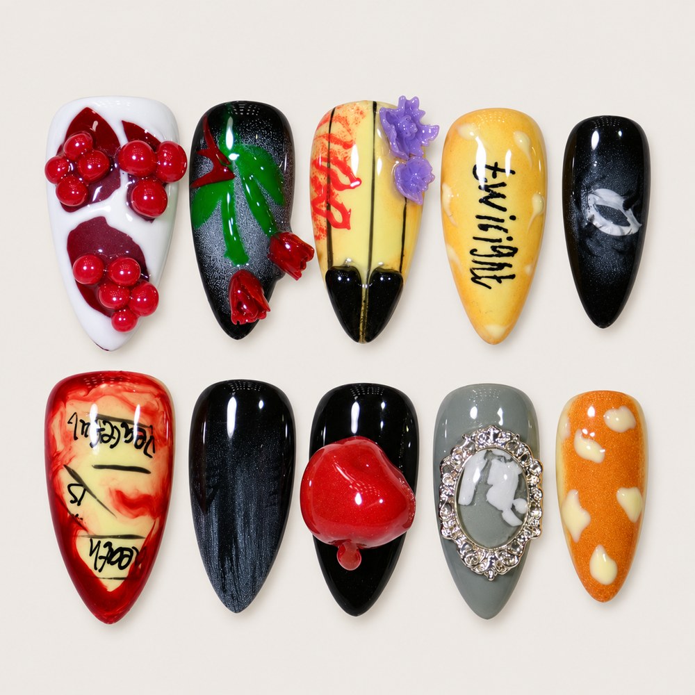 Onyx Cherry - Black Cherry & Bow Press-On Nails