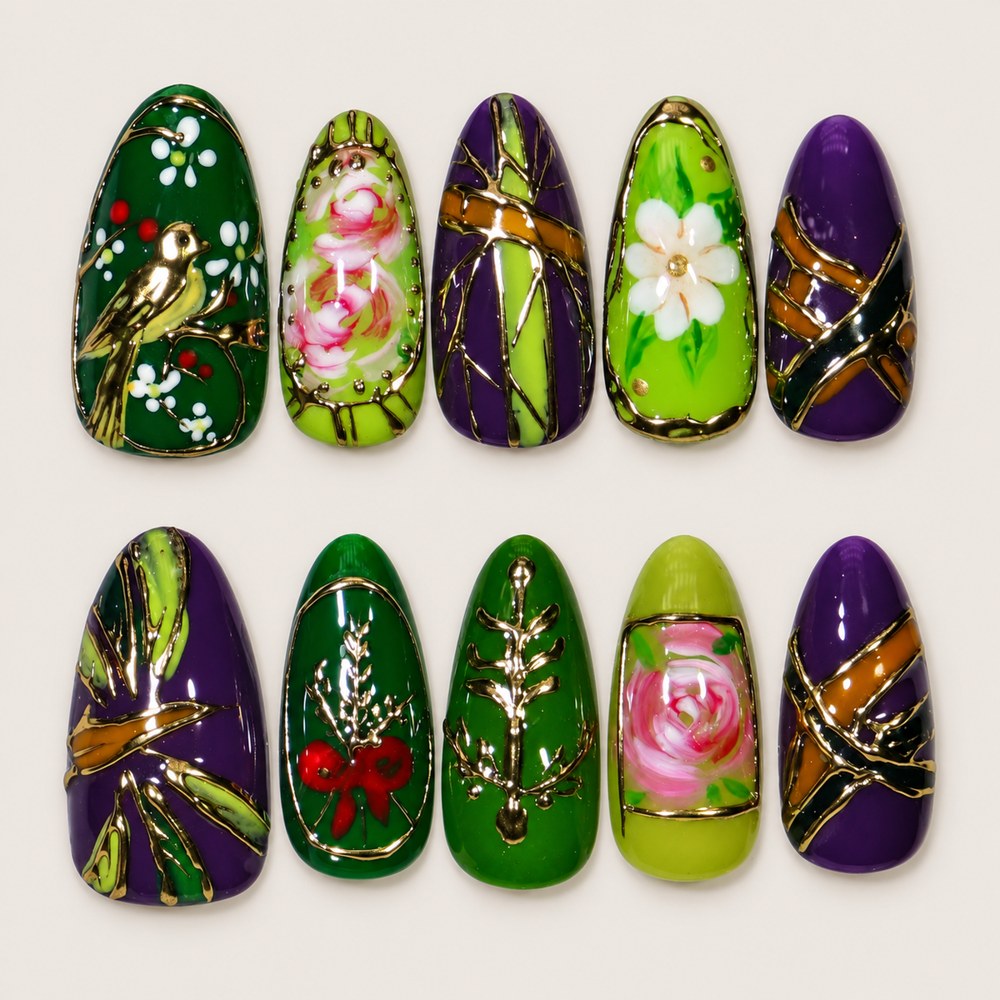 Jade Bloom - Green Floral & Leaf Press-On Nails