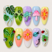 ACEGRIP Azure Leaves press-on nails in blue, lime green, purple, and yellow, with leaf motifs, style DC6049