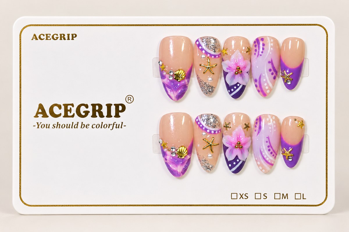 ACEGRIP Blush Seaside, style DC6051, complete 10-nail set on its presentation card
