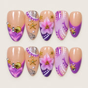 ACEGRIP Blush Seaside press-on nails in peach nude, purple, white, and gold tones, with ocean-inspired motifs, style DC6051