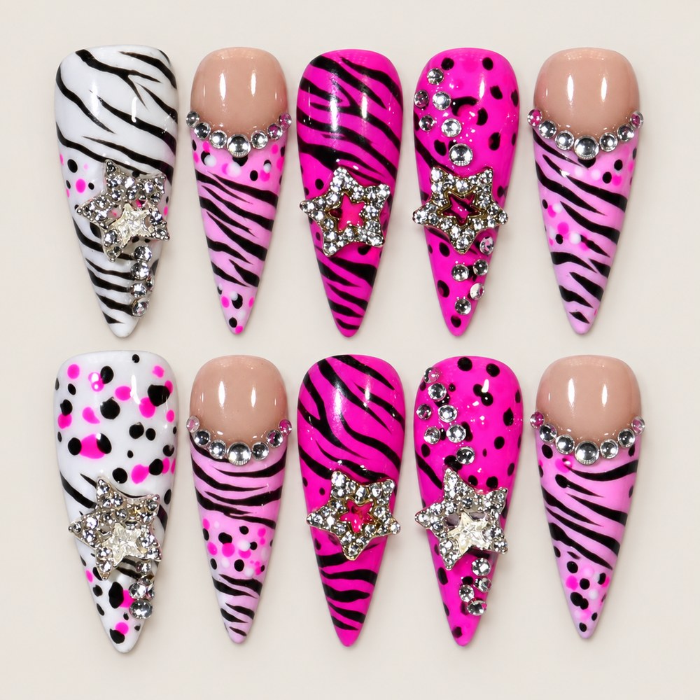 ACEGRIP Rose Zebra press-on nails in pink, peach nude, black, and white, with zebra-like stripes, style DC6053