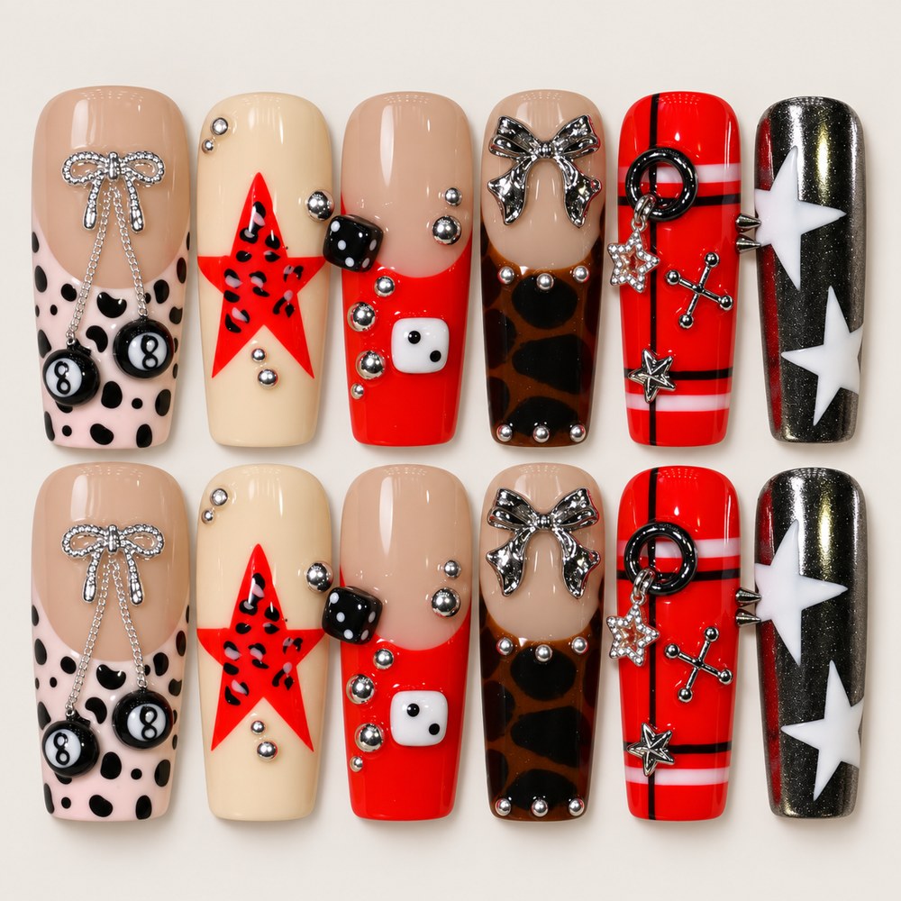 ACEGRIP Blush Dice press-on nails in peach nude, red, black, and white, with dice motifs, style DC6054