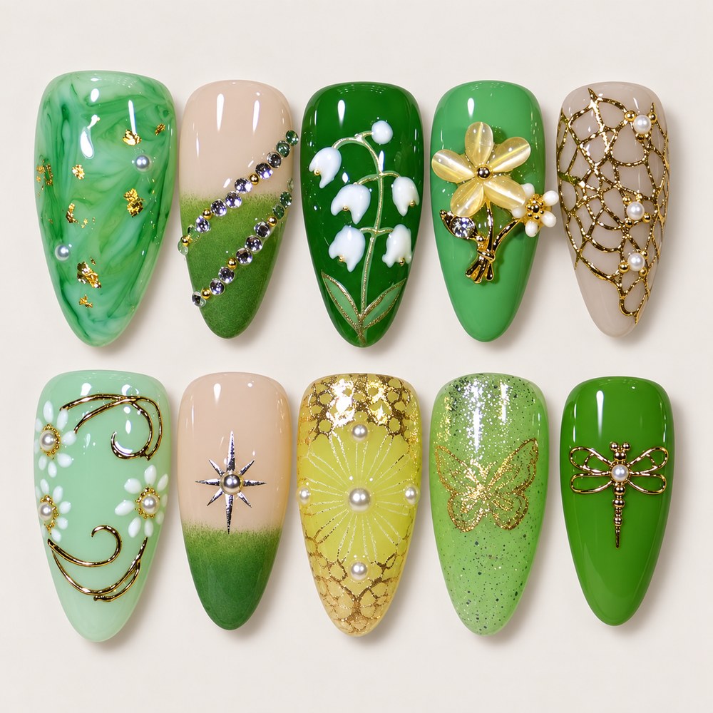 Jade Blossoms - Green Floral & Branch Press-On Nails