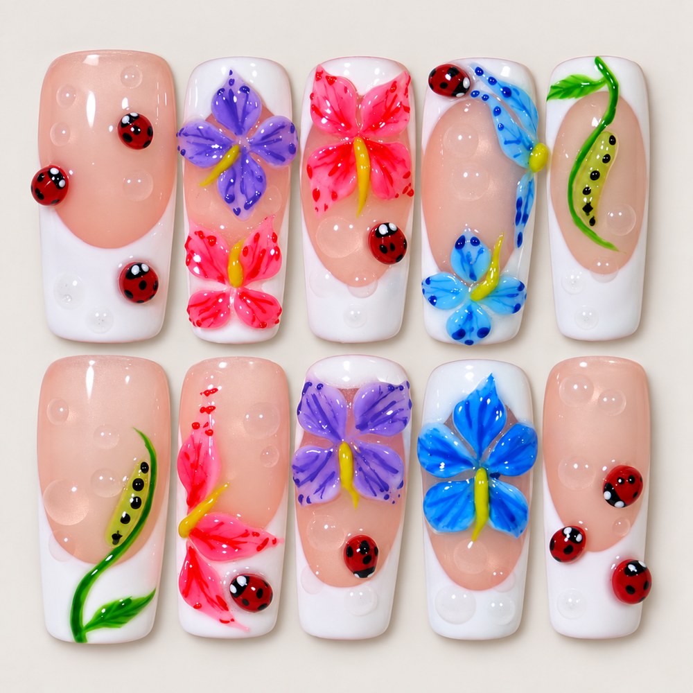 Blush Petal Ladybug - Peach Nude Floral & Ladybug Press-On Nails