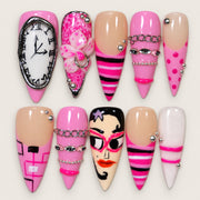 ACEGRIP Blush Clockwork press-on nails in peach nude, pink, white, and black, with clock-face motifs, style DC6060