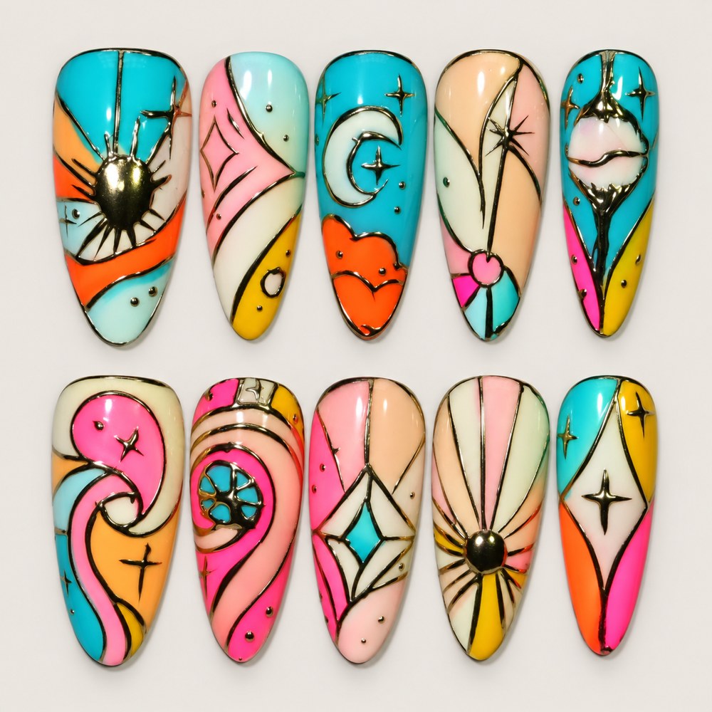 ACEGRIP Lagoon Mosaic press-on nails in turquoise, pink, peach nude, and yellow, with outlined mosaic patterns, style DC6061
