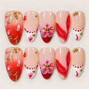 ACEGRIP Blush Bloom French press-on nails in peach nude, red, pink, and white, with floral accents, style DC6062