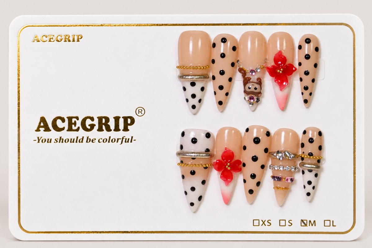 ACEGRIP Blush Polka, style DC6063, complete 10-nail set on its presentation card