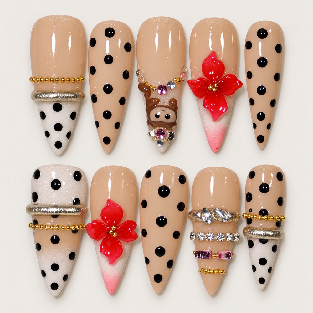 ACEGRIP Blush Polka press-on nails in peach nude, white, red, and black, with polka dots, style DC6063