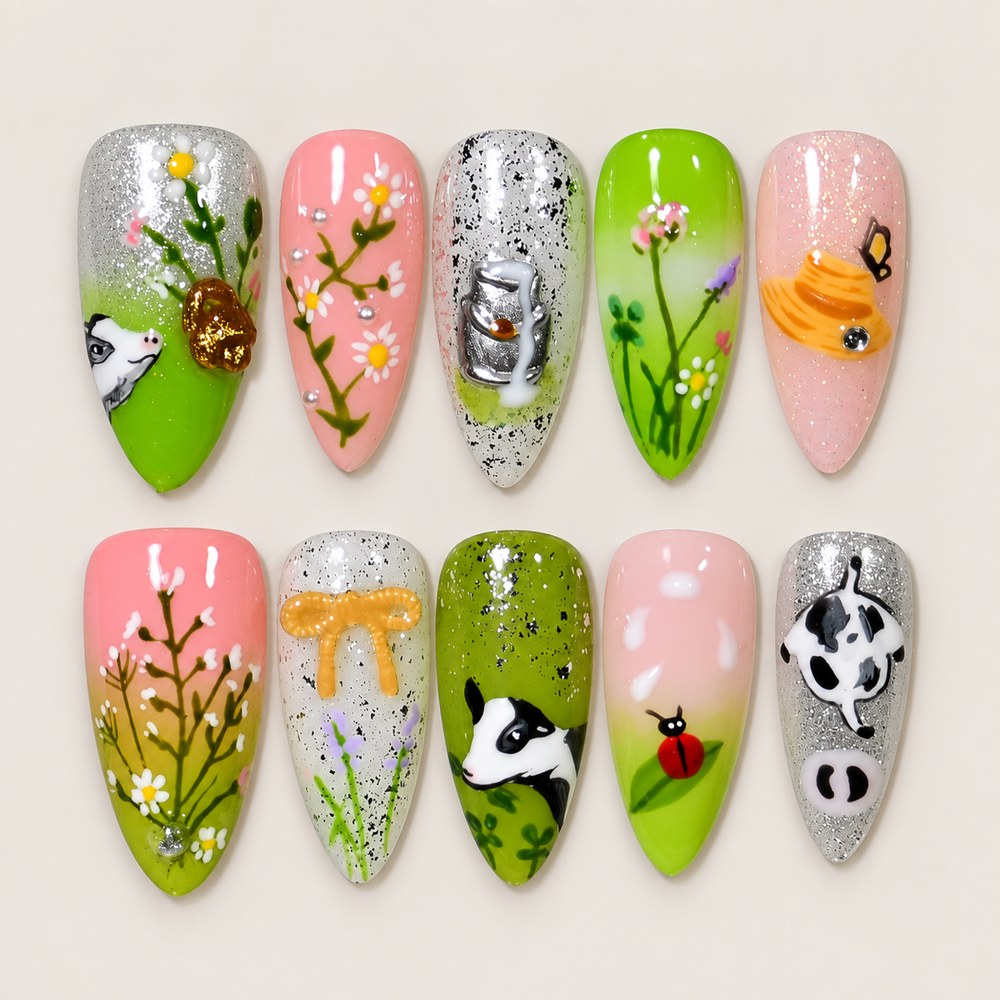 Jade Garden - Green Floral & Cow Press-On Nails