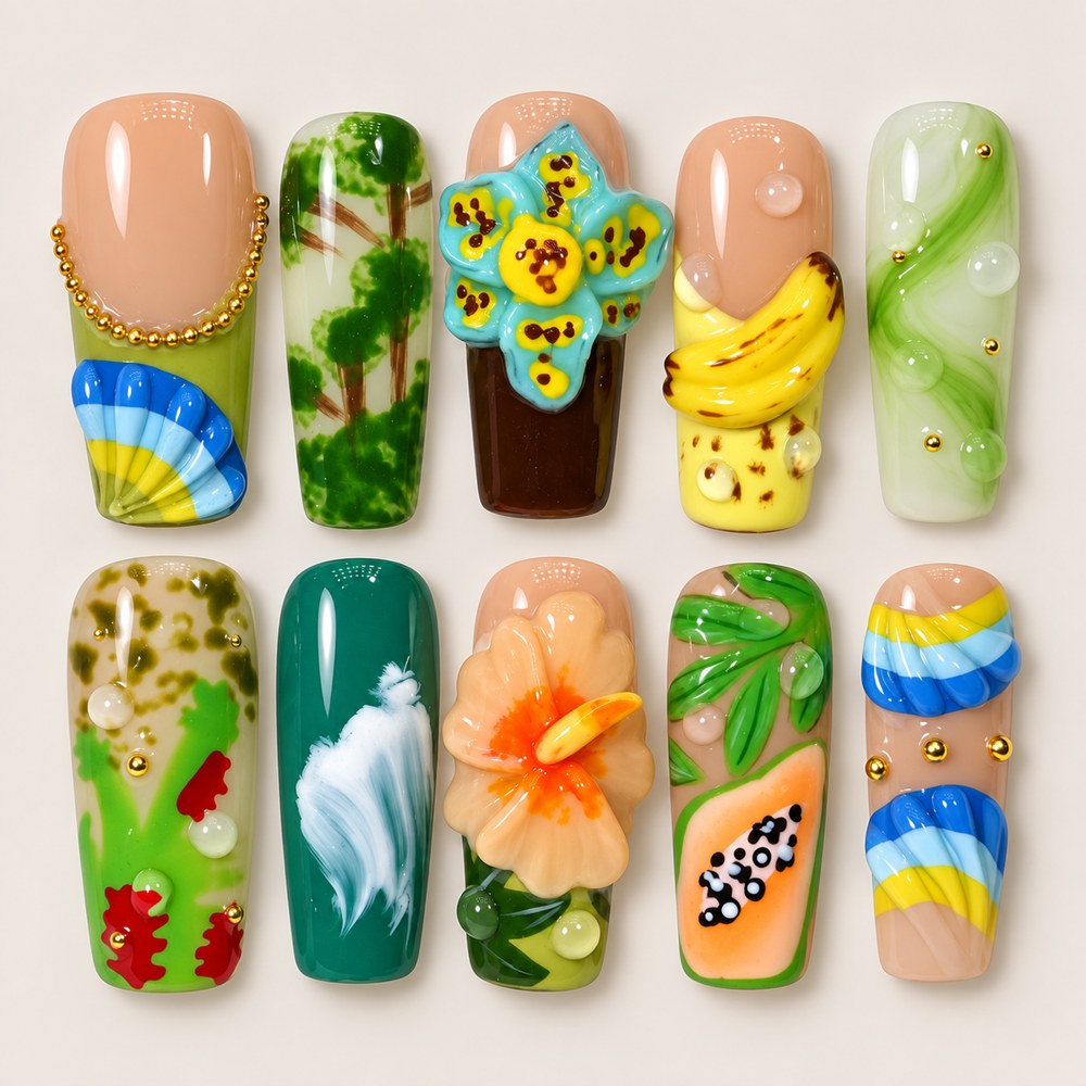 ACEGRIP Blush Banana press-on nails in peach nude, green, blue, and yellow, with banana motifs, style DX7001