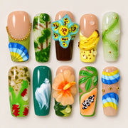 ACEGRIP Blush Banana press-on nails in peach nude, green, blue, and yellow, with banana motifs, style DX7001