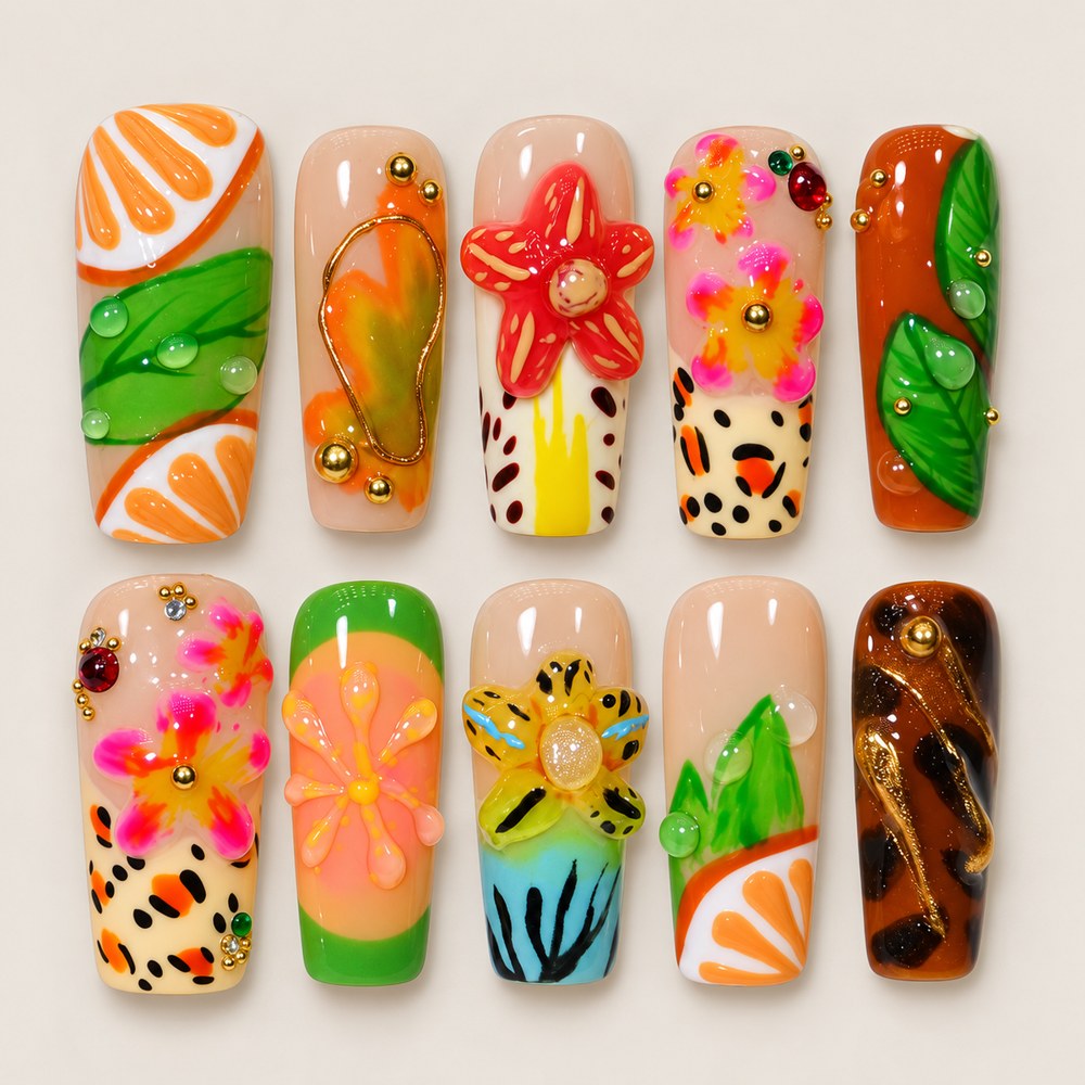 Blush Citrus Petals - Peach Nude Citrus-Slice & Floral Press-On Nails