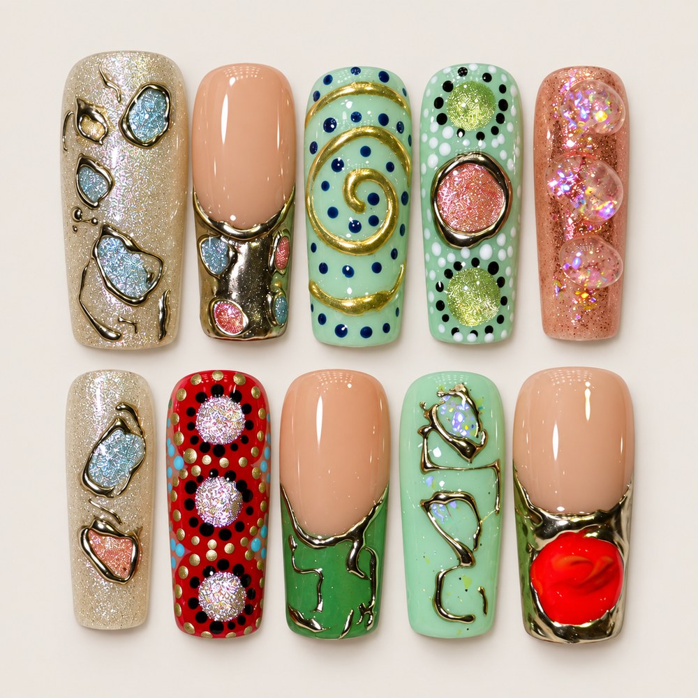 Blush Spirals Linework - Peach Nude Spiral & Line Art Press-On Nails