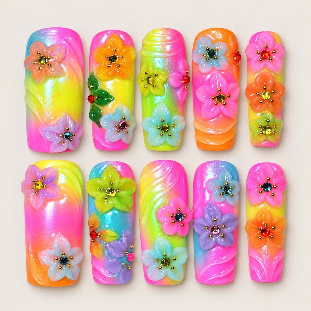 Prism Petals - Multiple Bright Colors Floral & Sculpted Texture Press-On Nails