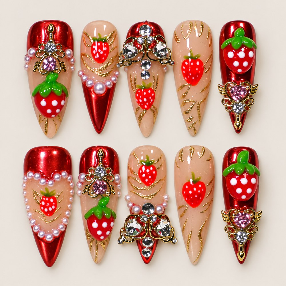 Scarlet Berry - Red Berry & Chain Press-On Nails